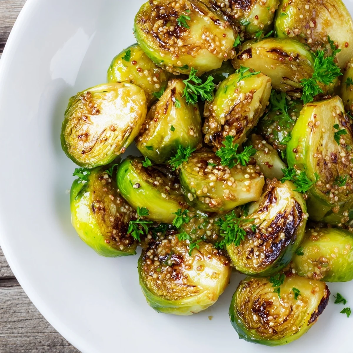 Golden-brown Honey Mustard Glazed Brussels Sprouts, glistening with glaze, are ready to be served.
