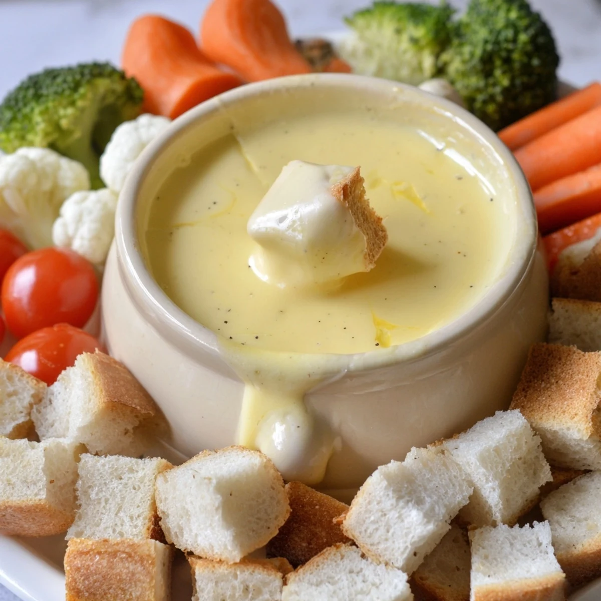 Warm Swiss cheese fondue, perfect for dipping crusty bread and fresh blanched vegetables—a delightful party dish.