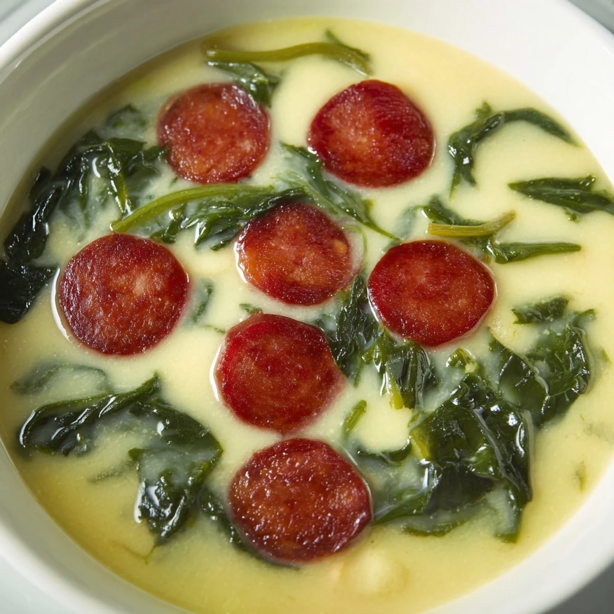 Creamy, comforting Portuguese Caldo Verde, a hearty soup with tender potatoes and smoky sausage.