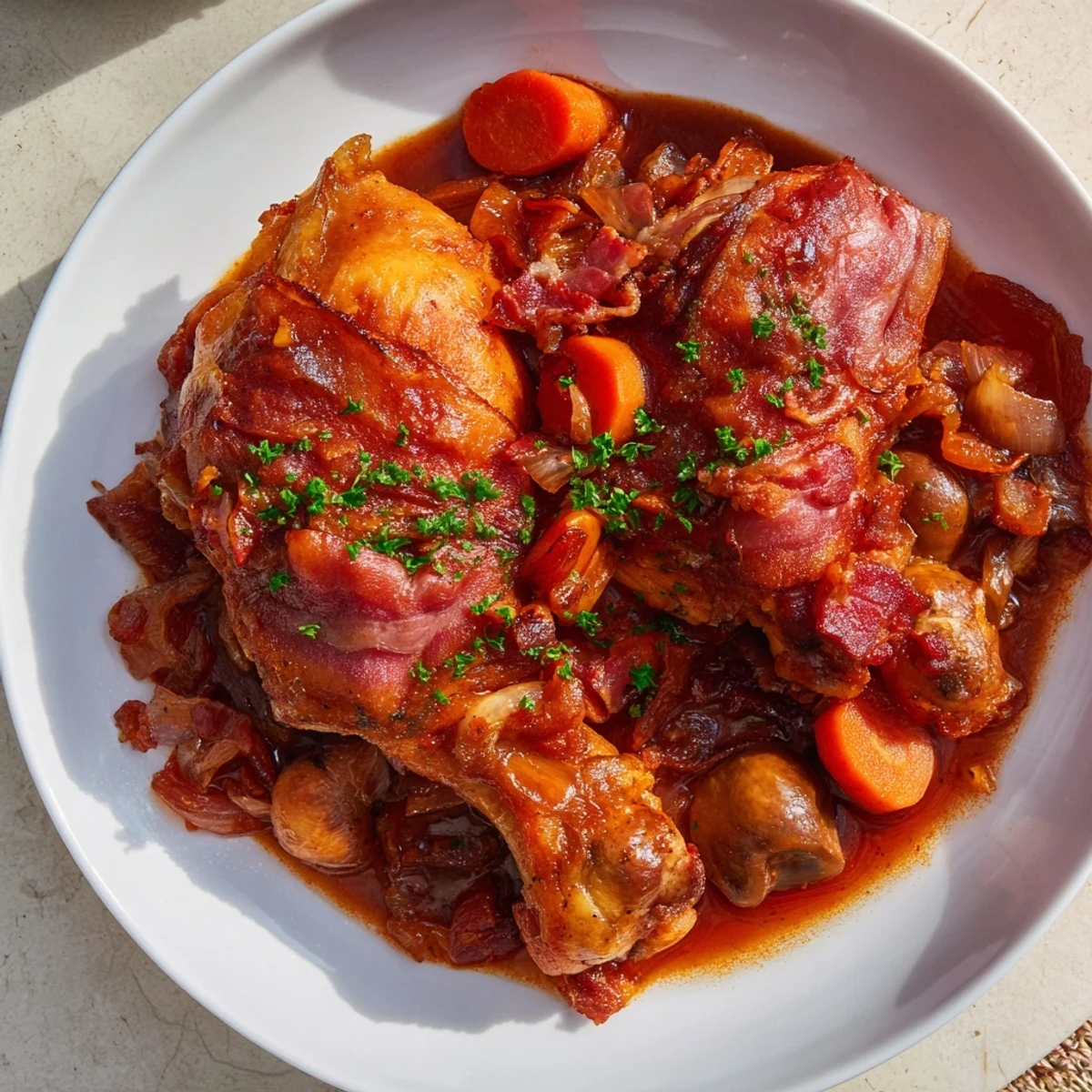 Tender chicken and pearl onions simmer beautifully in red wine for this classic Coq au Vin.