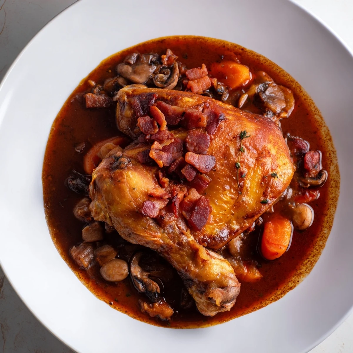 Savory Coq au Vin—a visual feast brimming with bacon, mushrooms, and perfectly cooked chicken.
