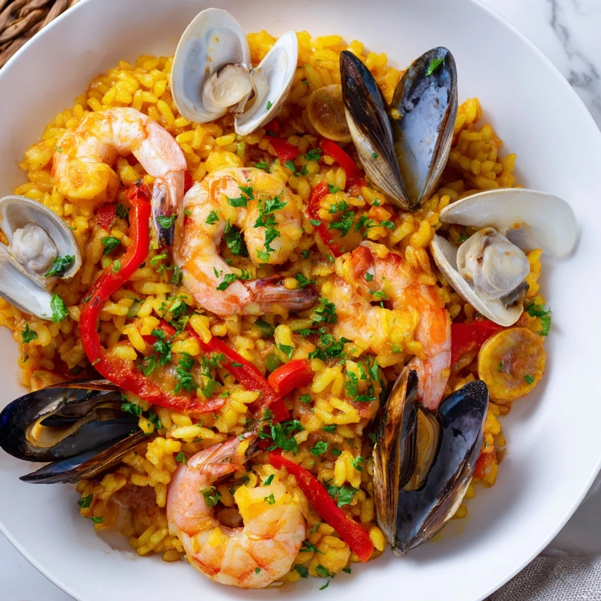 Vibrant image of Spanish Seafood Paella: saffron-infused rice and plump seafood ready to serve.