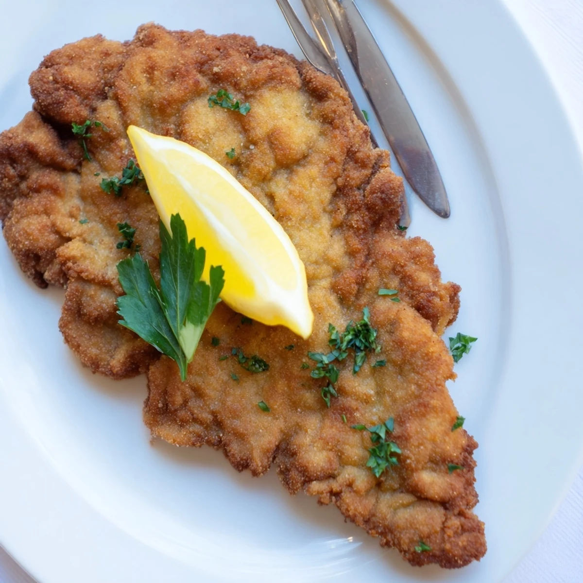 Golden-brown Austrian Wiener Schnitzel, perfectly fried and ready to be served with lemon wedges.