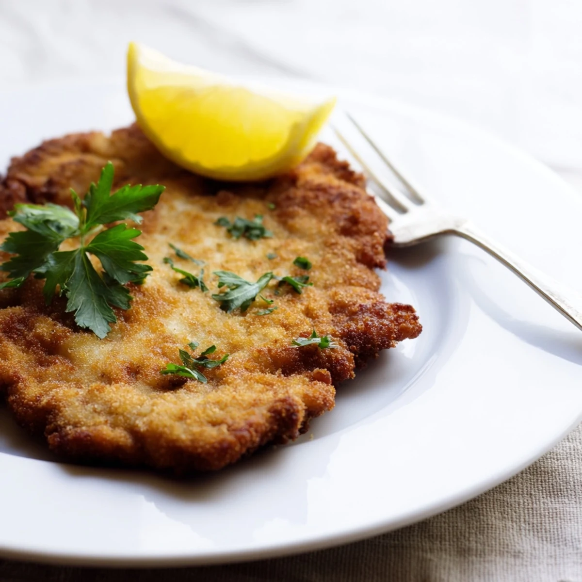 Crispy breading on thin Austrian Wiener Schnitzel, a delicious and classic Viennese main course dish.