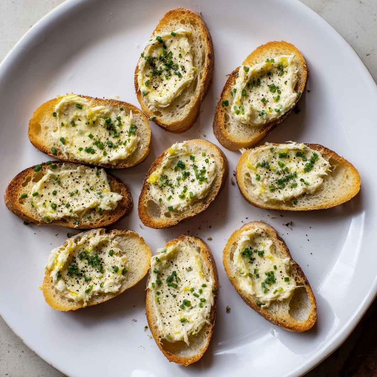 Freshly baked vodka butter crostini served elegantly on a white platter, topped with chives.