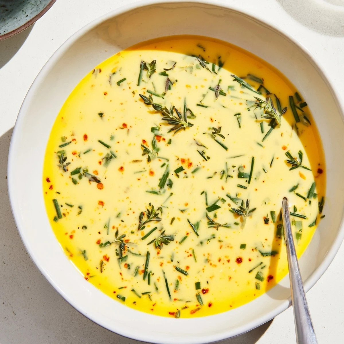 Golden Cowboy Butter Sauce is melted in a pan, studded with fresh parsley and chives, ready to drizzle over grilled steak.
