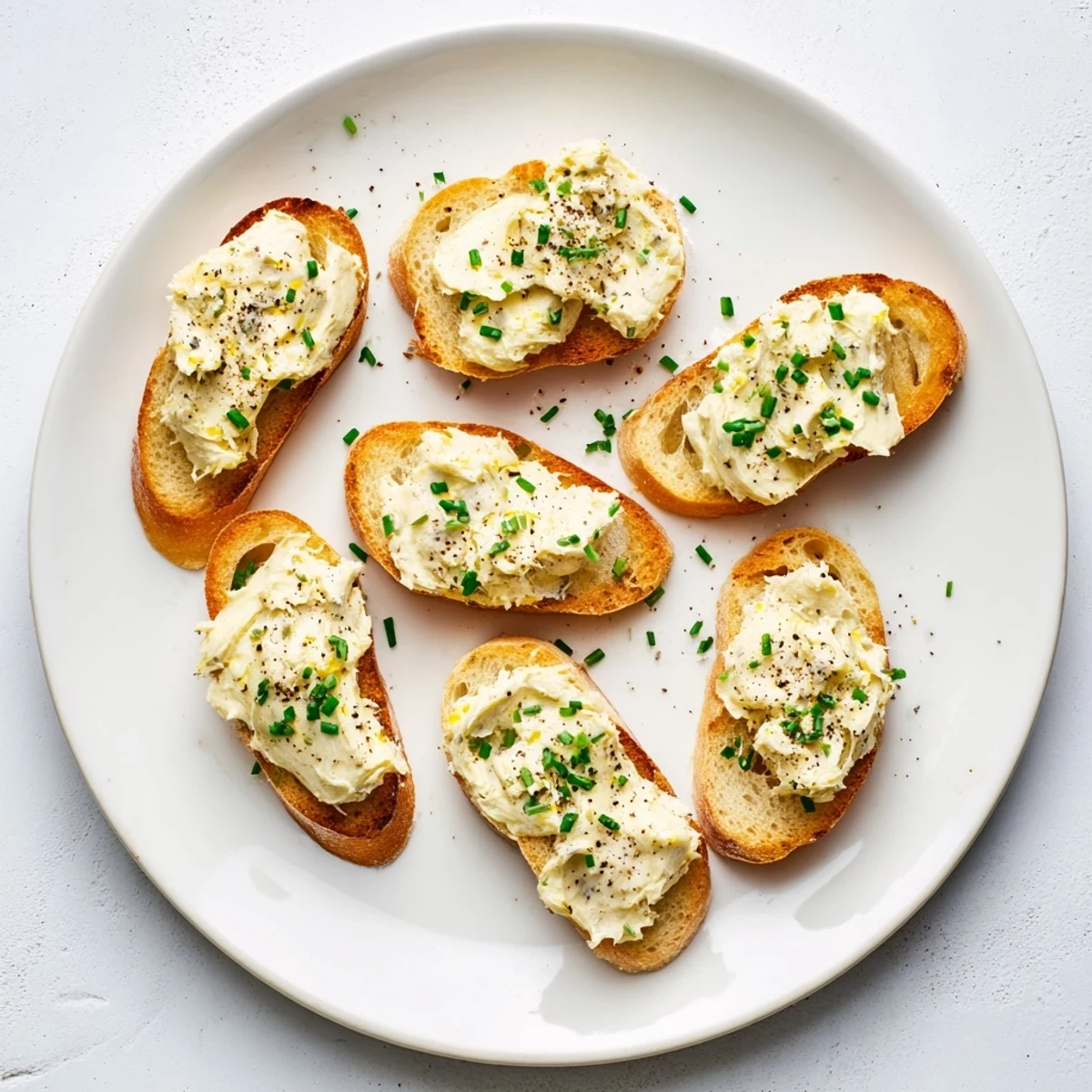 Warm vodka butter crostini arranged on a marble board, garnished with chives and lemon zest.