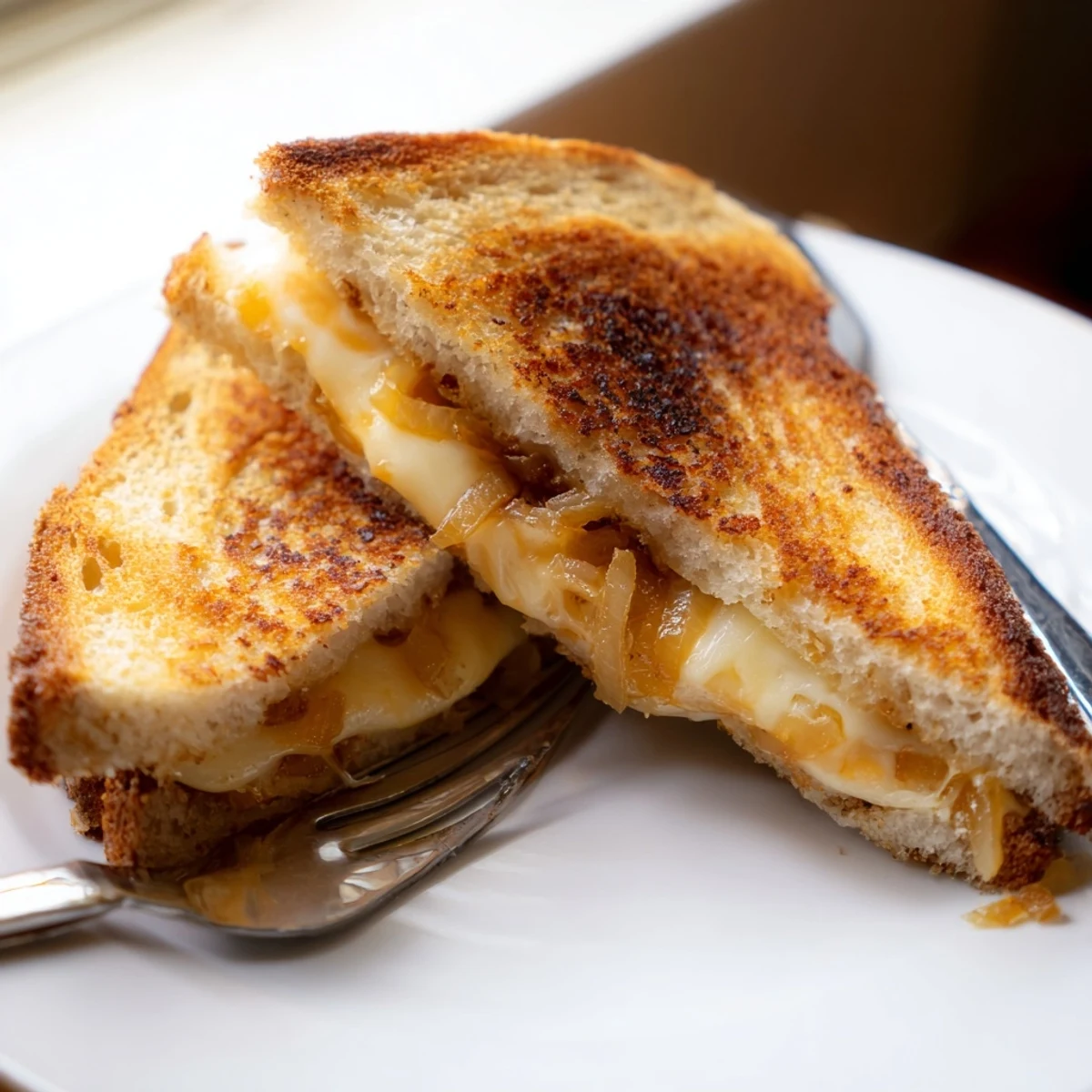 Golden crispy fried onions and gooey melted cheddar on toasted sourdough bread create the ultimate Crispy Onion Grilled Cheese sandwich.