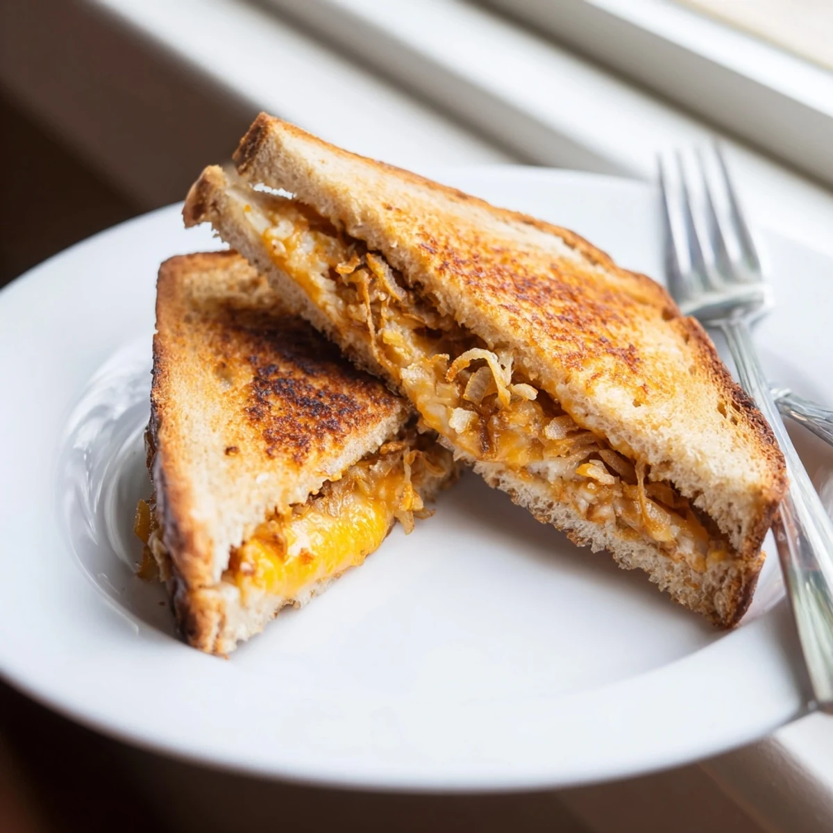 Perfectly toasted sourdough slices frame the Crispy Onion Grilled Cheese, served hot alongside a creamy bowl of tomato soup.
