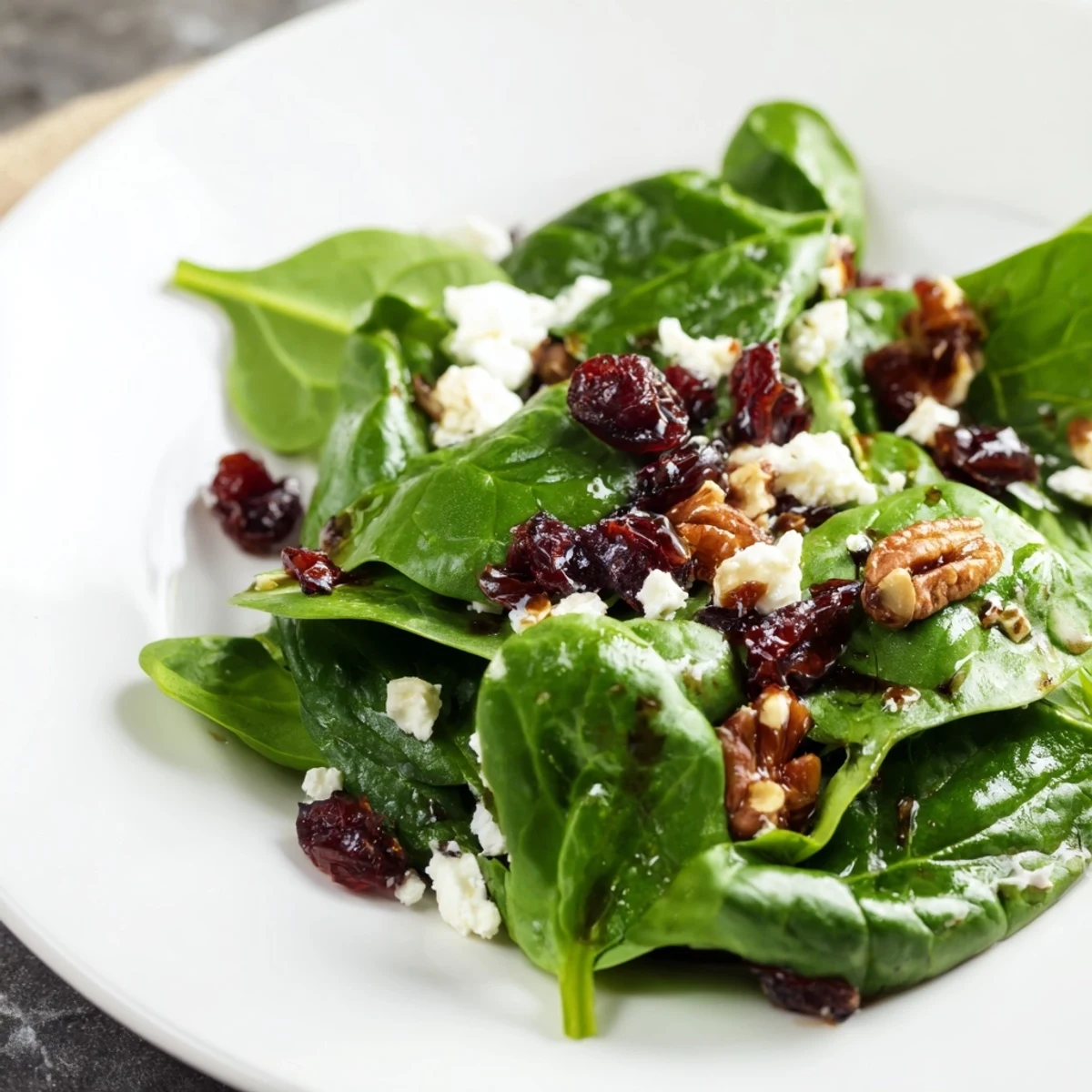 Vibrant baby spinach salad with creamy goat cheese, dried cranberries, and candied pecans tossed in balsamic vinaigrette, served fresh on a white plate.  