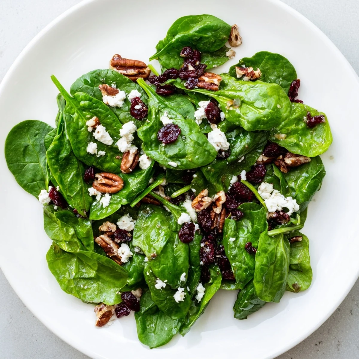A close-up of the spinach goat cheese salad featuring crumbled cheese, sweet cranberries, and crunchy candied pecans glistening with tangy dressing.  