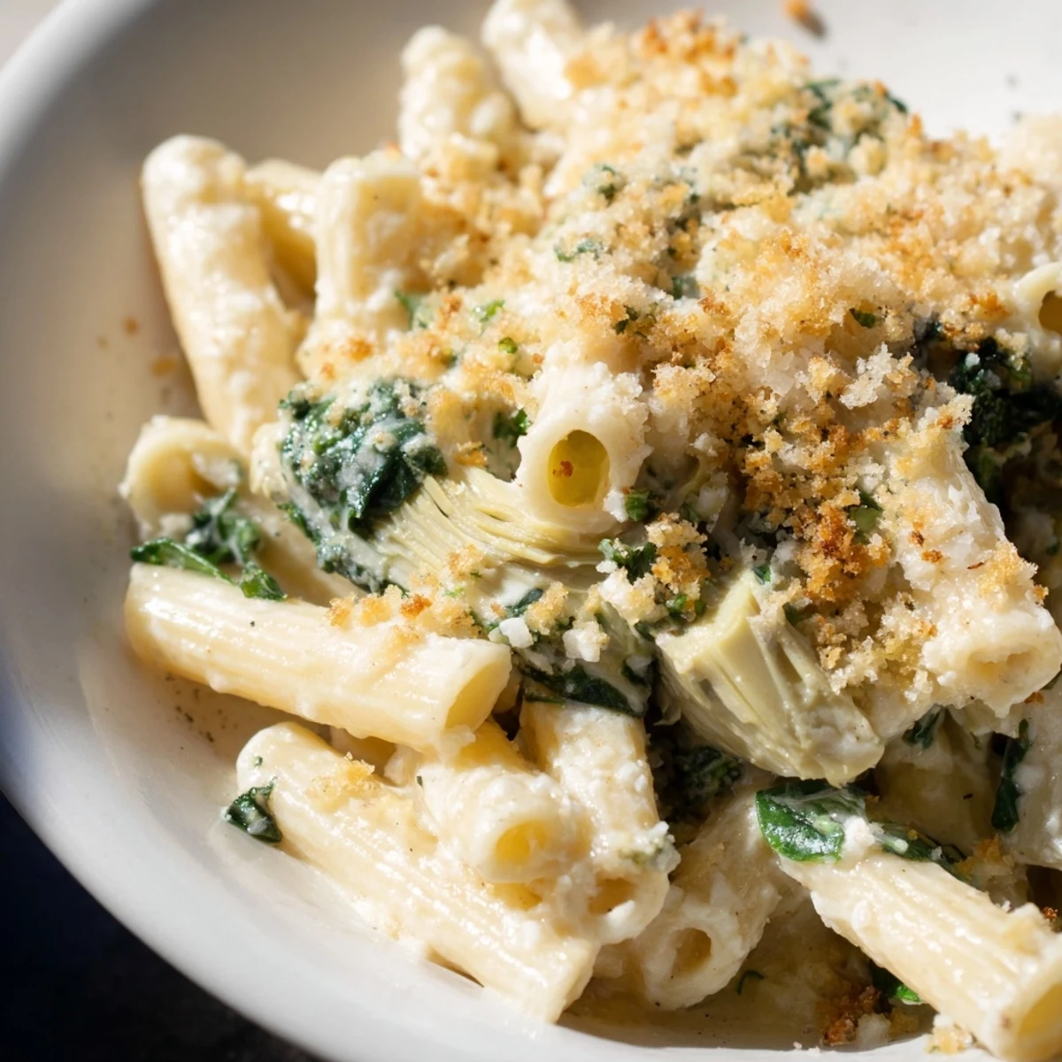 Freshly baked Artichoke Pasta Bake with a golden, crispy topping, served alongside a crisp salad and a glass of white wine for a complete dinner.
