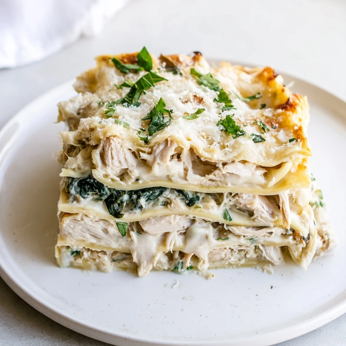 A close-up of homemade Chicken Alfredo Lasagna, layers of tender chicken, spinach, and creamy sauce in a bubbly, golden-brown dish.
