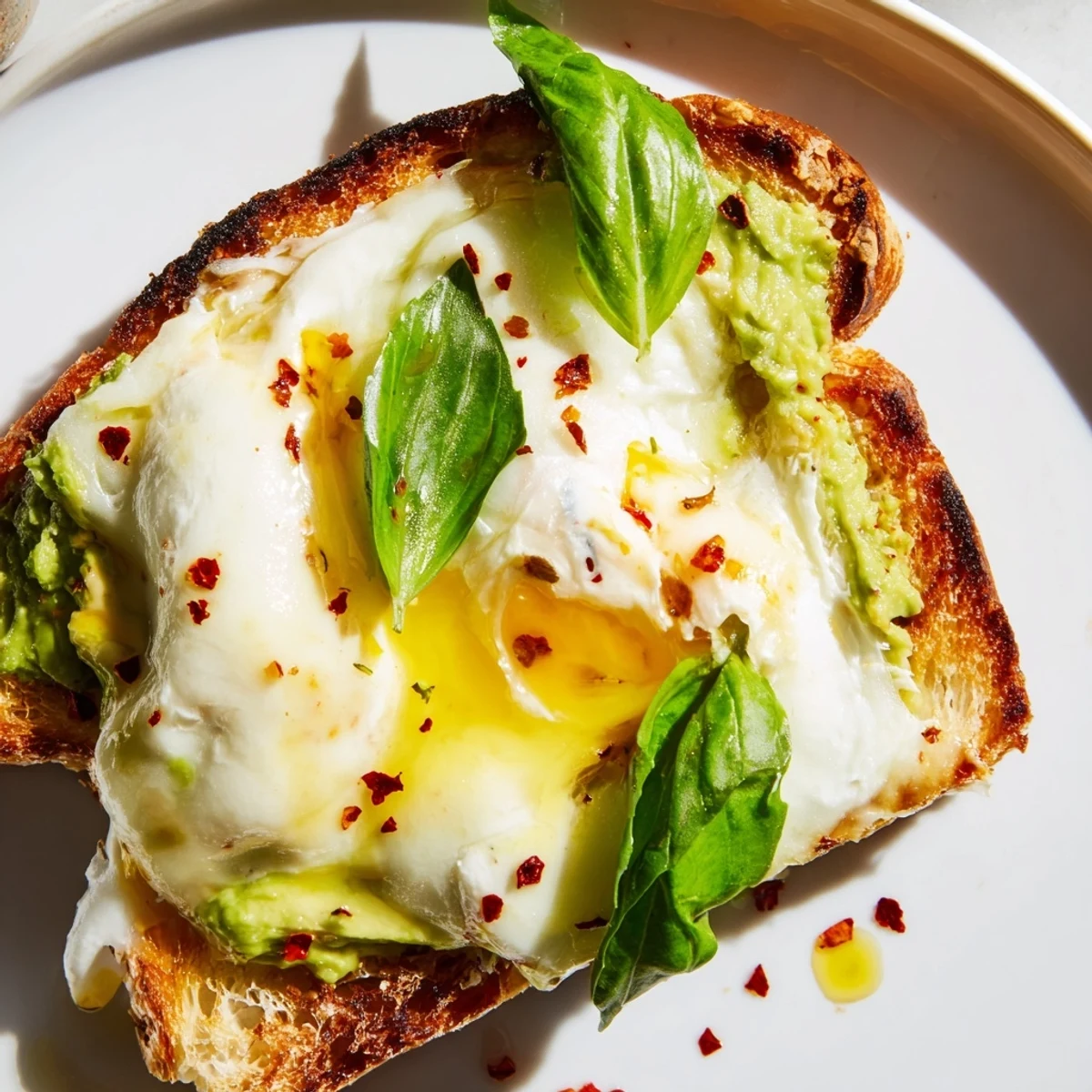 Golden, bubbly melted mozzarella on a crisp sourdough base smeared with vibrant green avocado for a savory snack.
