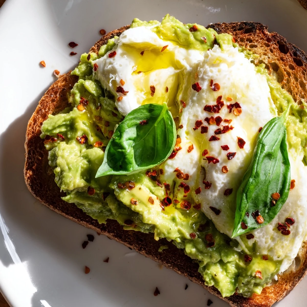 Fresh basil and a drizzle of olive oil garnish this warm Avocado Mozzarella Tartine served on a white plate.