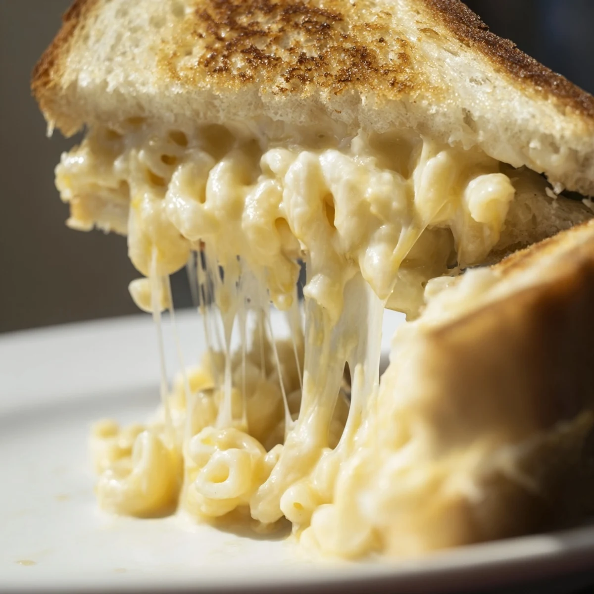 Golden, buttery sourdough slices encase a creamy, sharp cheddar macaroni and cheese filling in this grilled cheese.