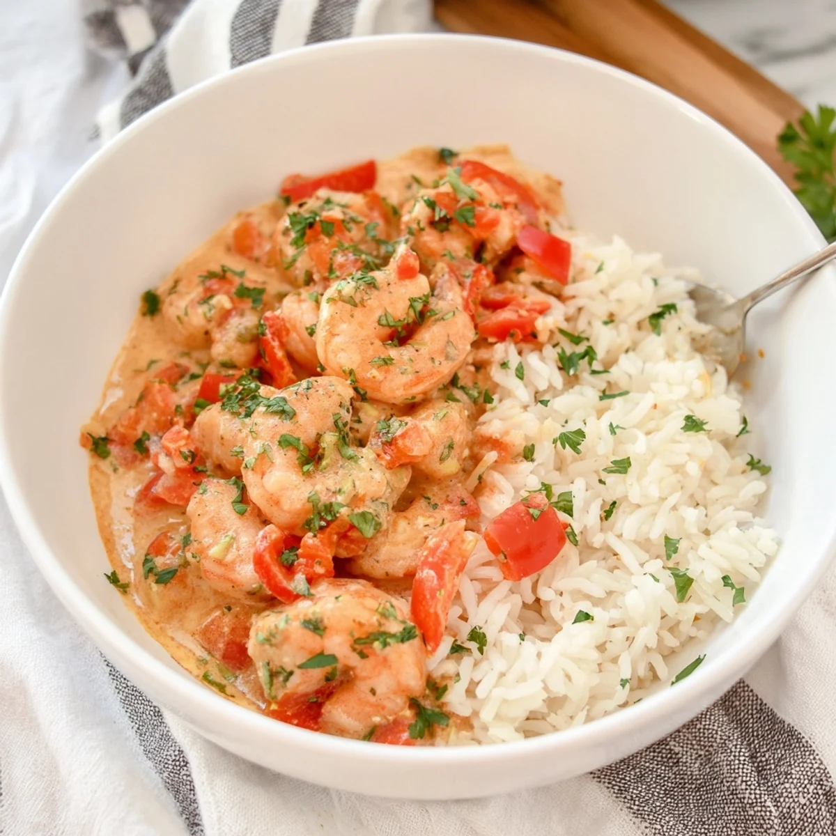 Fragrant jasmine rice topped with saucy Creamy Cajun Shrimp Rice Bowl, finished with fresh parsley.