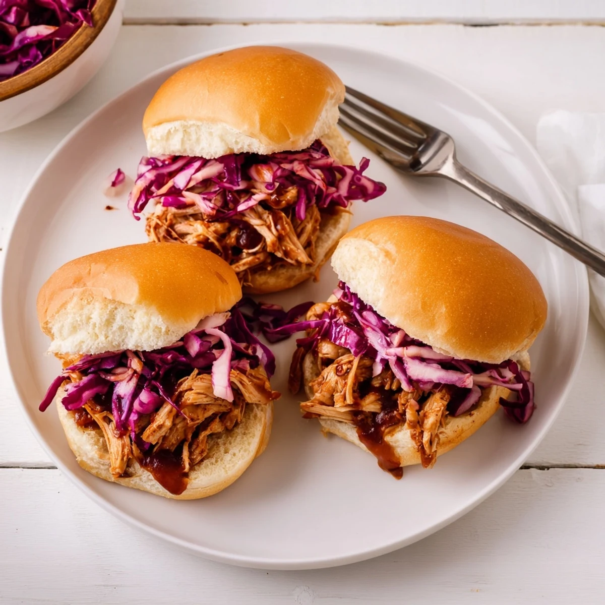 Golden toasted buns hold tender shredded BBQ chicken and tangy coleslaw, a classic American party snack.  