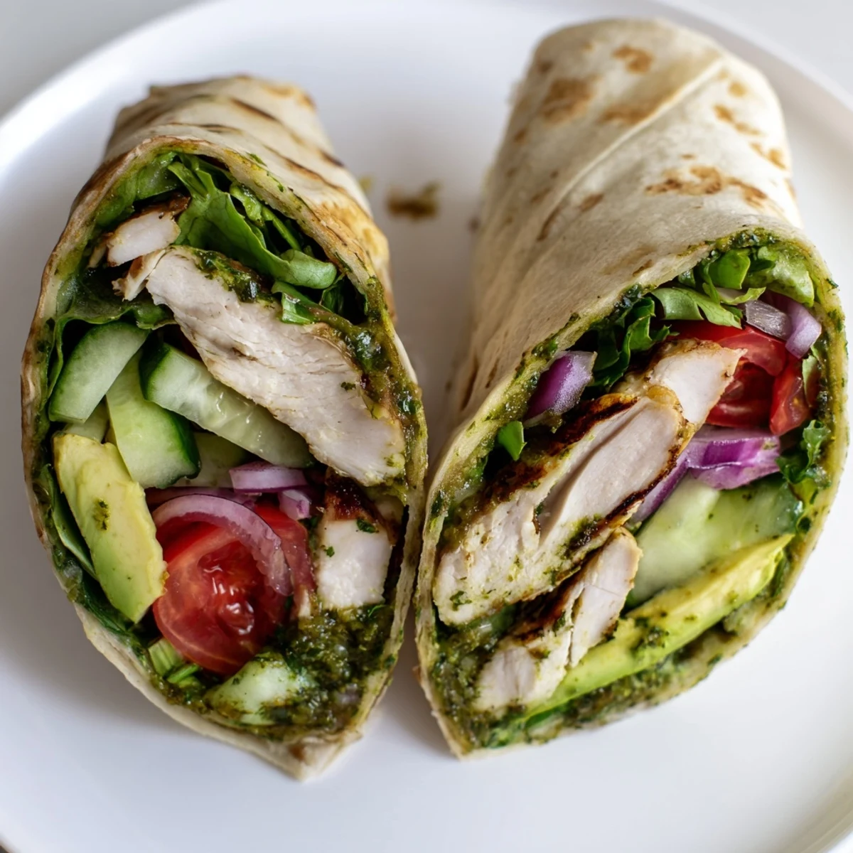This vibrant Chimichurri Chicken Salad Wrap features juicy sliced chicken and crisp fresh vegetables wrapped in a soft flour tortilla.