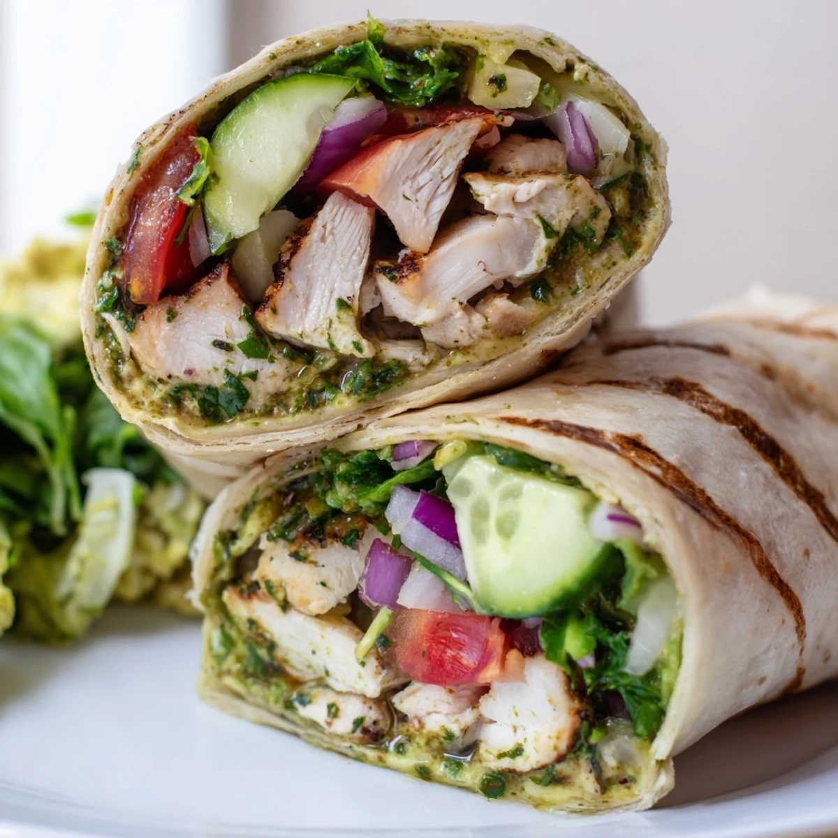 Enjoy a fresh Chimichurri Chicken Salad Wrap filled with spicy greens, ripe tomato slices, and creamy avocado on a warm tortilla.