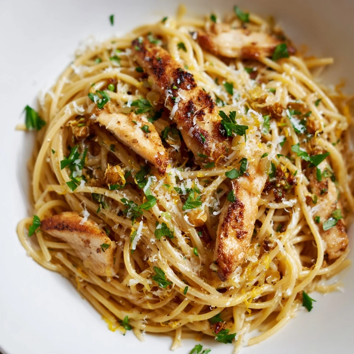 Golden seared chicken strips and spaghetti tossed in nutty brown butter and bright lemon zest, topped with fresh parsley.