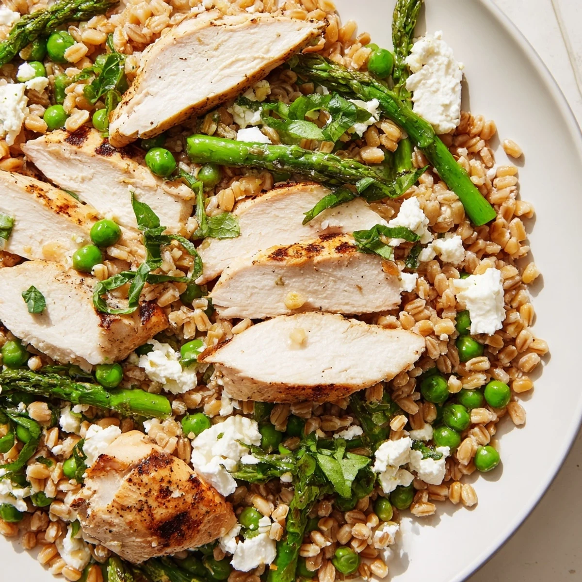 Juicy grilled chicken, tender farro, crisp asparagus, and sweet peas tossed in a zesty lemon vinaigrette in this Warm Spring Farro Chicken Salad.