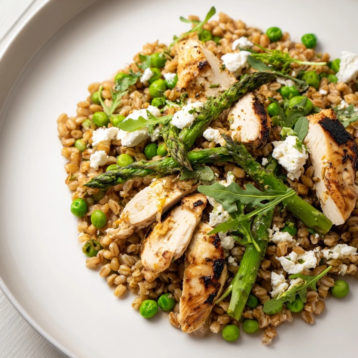 Bright, wholesome Warm Spring Farro Chicken Salad with glazed chicken slices, spring vegetables, and a drizzle of tangy lemon vinaigrette for an easy weeknight meal.