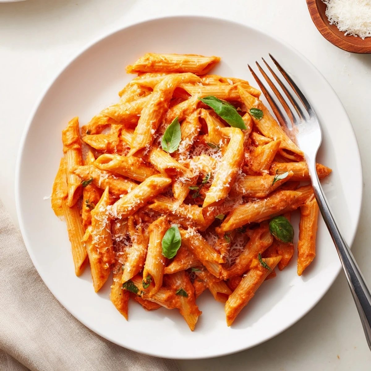 A rustic white bowl holds a generous serving of creamy roasted red pepper pasta, topped with shaved Parmesan cheese.
