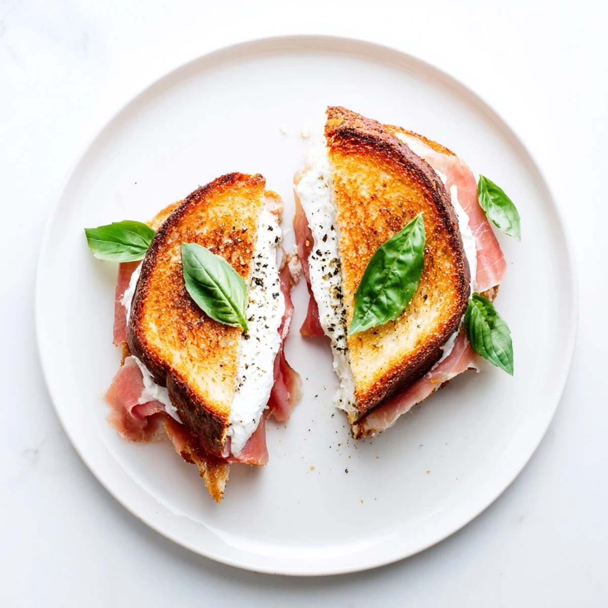 Crispy Prosciutto & Burrata Grilled Cheese sandwich sliced in half on a wooden board, revealing melted burrata.