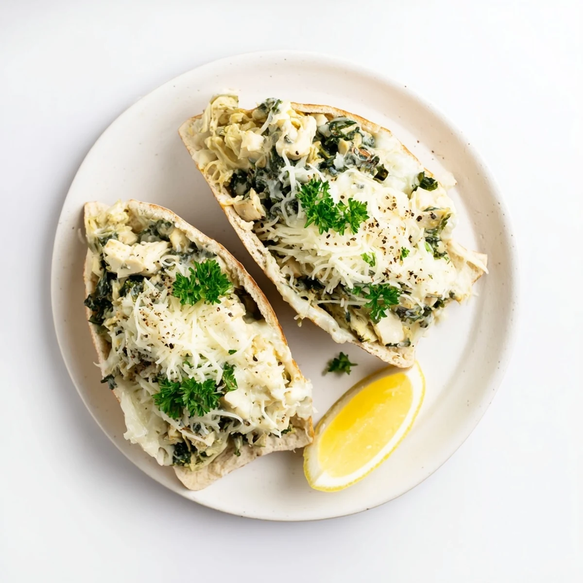 Golden-baked spinach artichoke chicken stuffed pita pockets on a plate, steam rising from melted cheese and creamy filling.