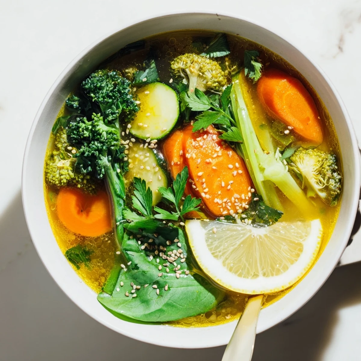 Beautiful Collagen-Boosting Broth Bowl overflowing with colorful vegetables.