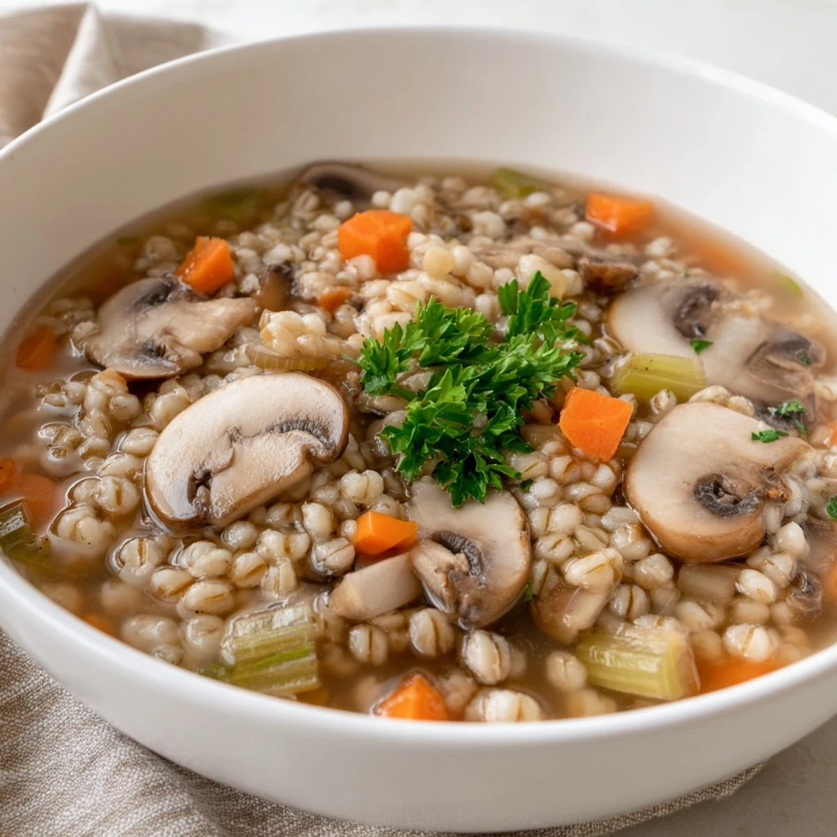 Hearty Mushroom and Barley Soup simmering with tender mushrooms and chewy pearl barley in a rustic pot.