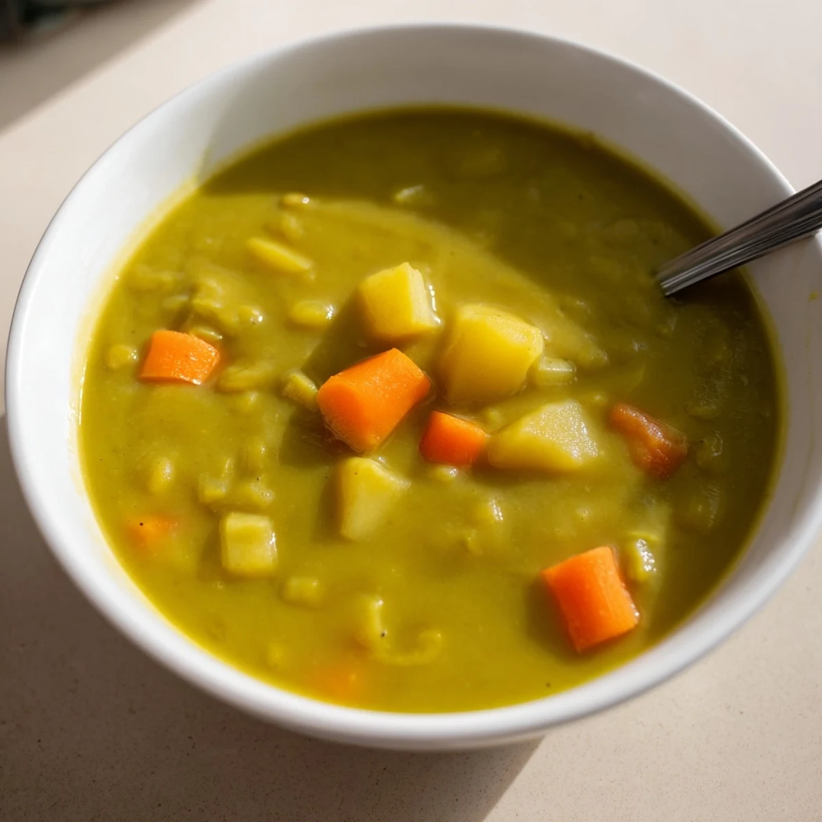 Close-up view of a ladle scooping rich split pea soup, revealing chunks of carrot and potato in a comforting blend.