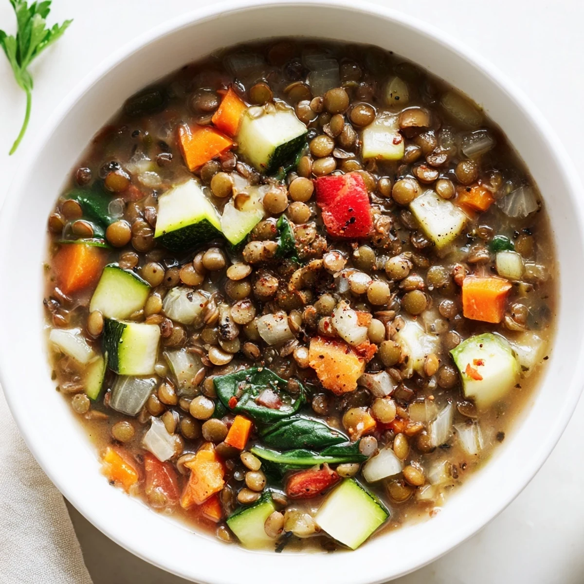 A steaming bowl of Lentil and Vegetable Soup, topped with fresh parsley and a lemon wedge, ready to serve with crusty bread.