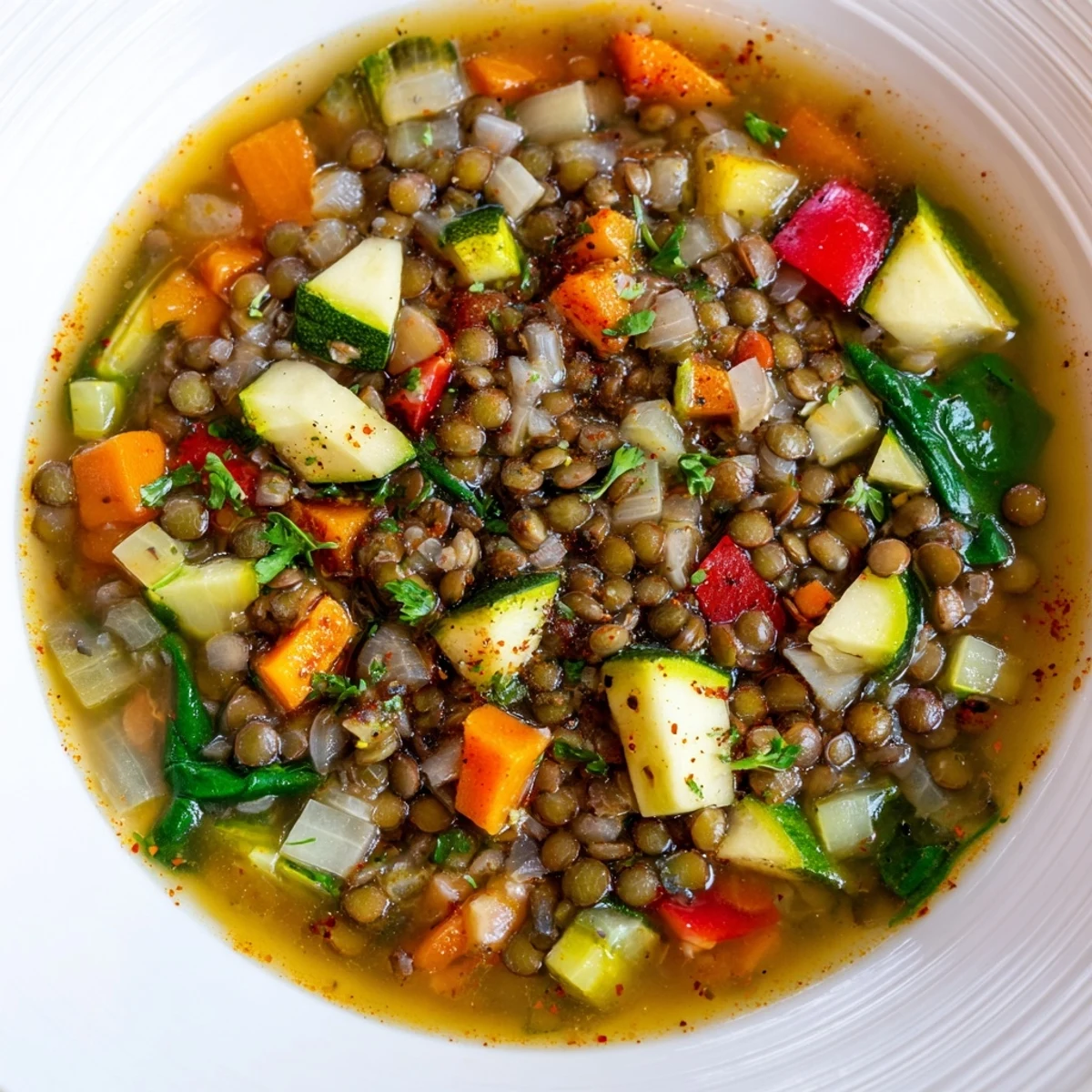 Hearty Lentil and Vegetable Soup simmering in a pot, brimming with colorful carrots, celery, zucchini, and wilted spinach.