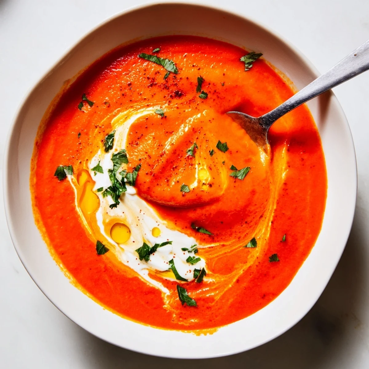 Vibrant roasted red pepper soup, smooth and creamy with a hint of spice.