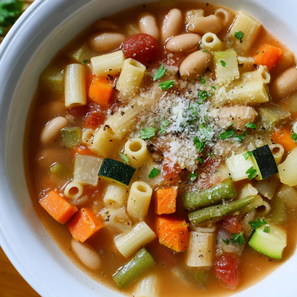 A hearty bowl of Minestrone Vegetable Soup, brimming with colorful diced carrots, zucchini, and beans in a rich tomato broth.