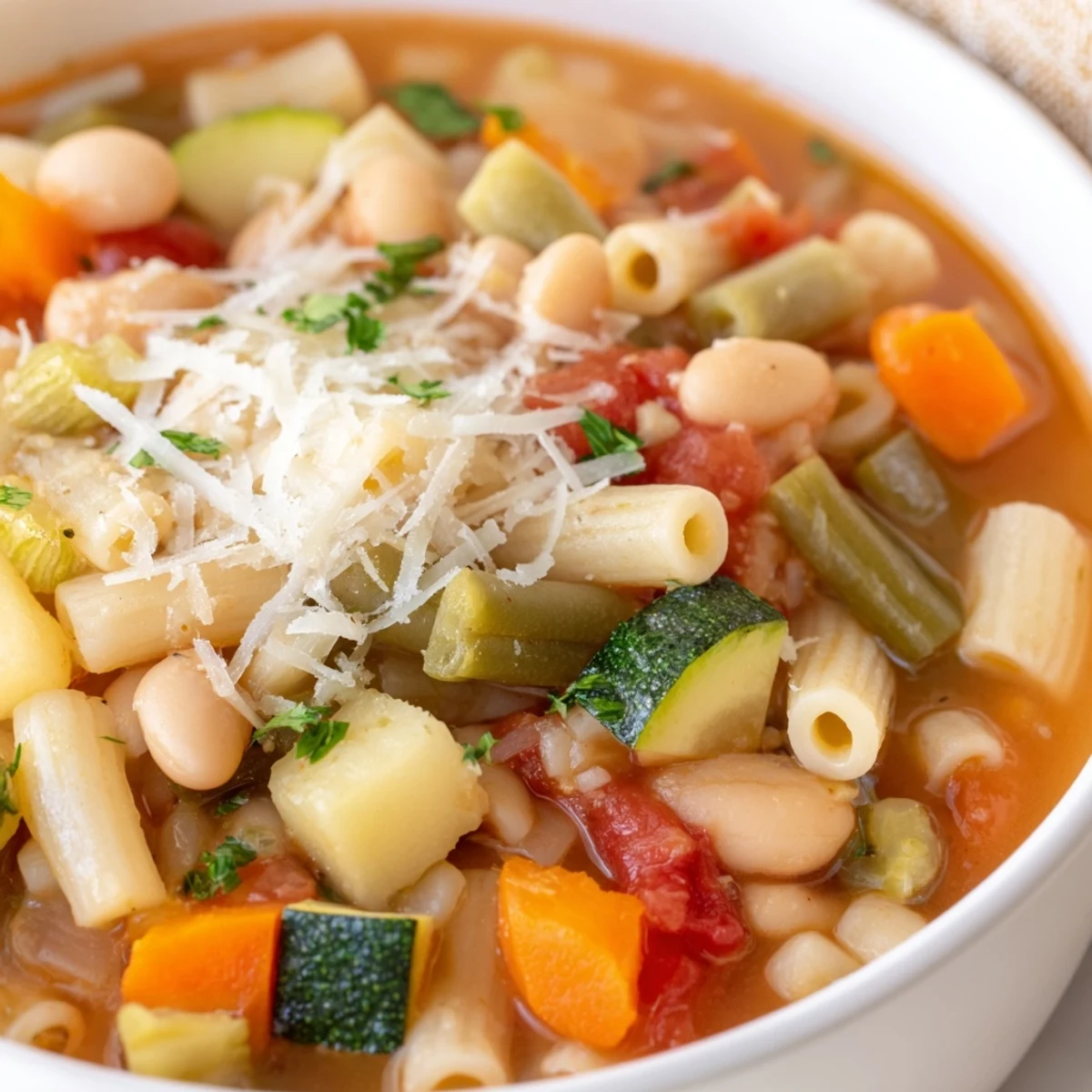 Close-up of Minestrone Vegetable Soup garnished with grated Parmesan and fresh parsley, served hot alongside crusty Italian bread.