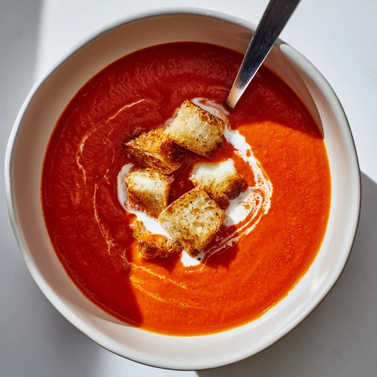 Steaming Roasted Tomato Soup with Crispy Croutons in a rustic bowl, showcasing vibrant red hues and perfectly toasted bread cubes.