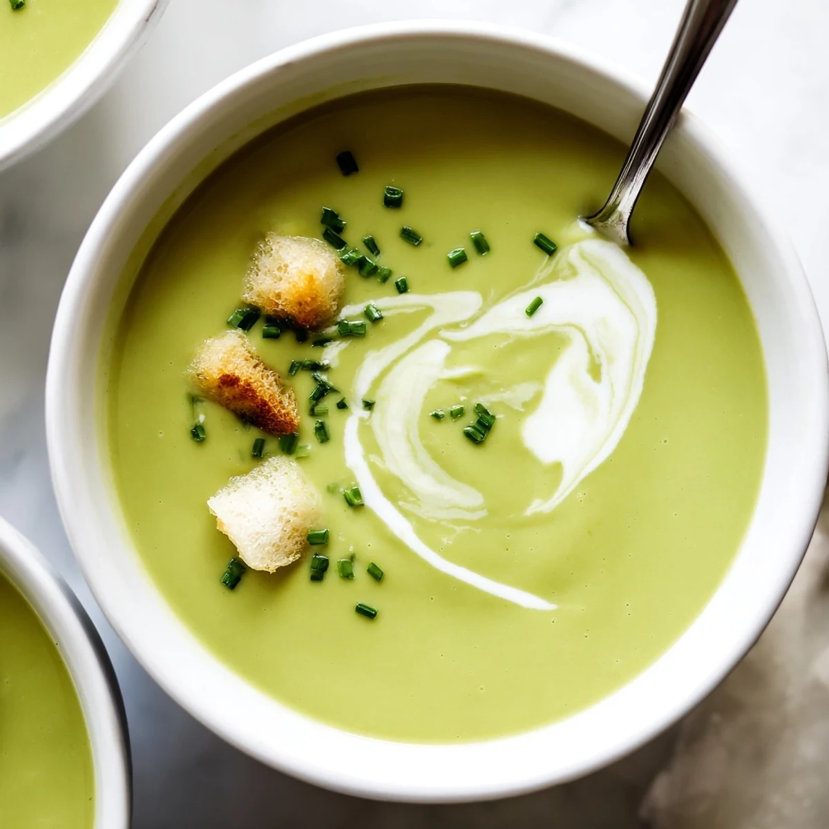 A close-up of creamy broccoli soup in a white bowl, with a swirl of cream and fresh chives.