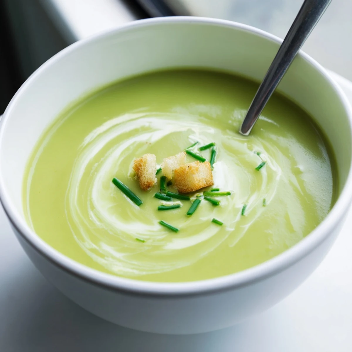 This vibrant bowl of creamy broccoli soup features a velvety green texture and a rustic crouton garnish.