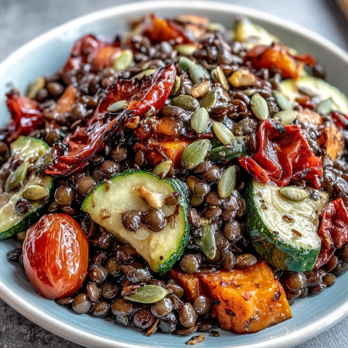Hearty Black Lentil Salad served as a warm main dish, garnished with parsley and a lemon wedge on the side.