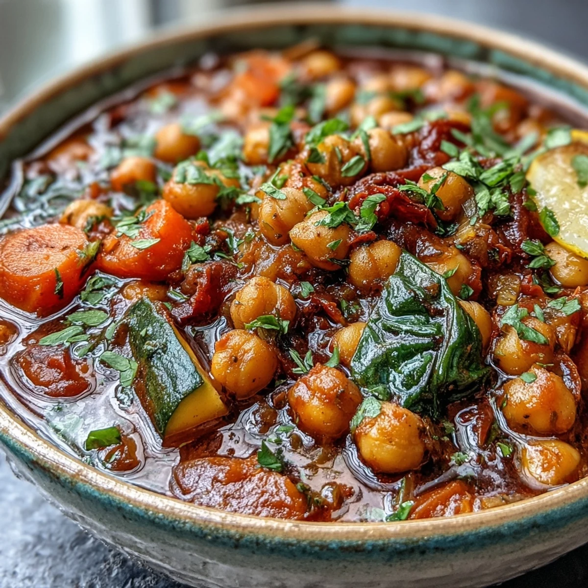 Comforting bowl of homemade Chickpea Stew served with crusty bread, ready for a wholesome dinner.