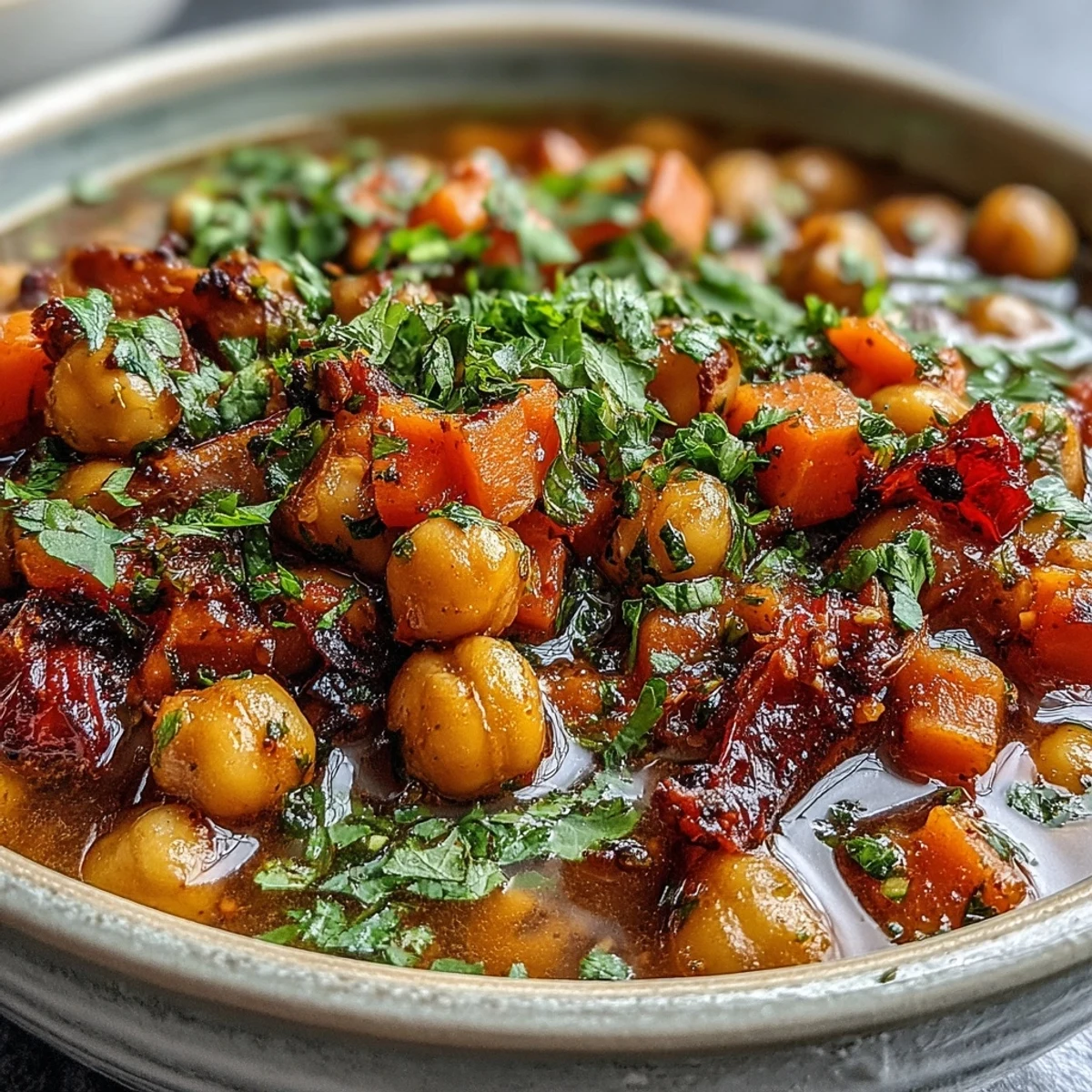 A warm bowl of Spicy Chickpea Stew served with crusty bread for dipping into the rich broth.