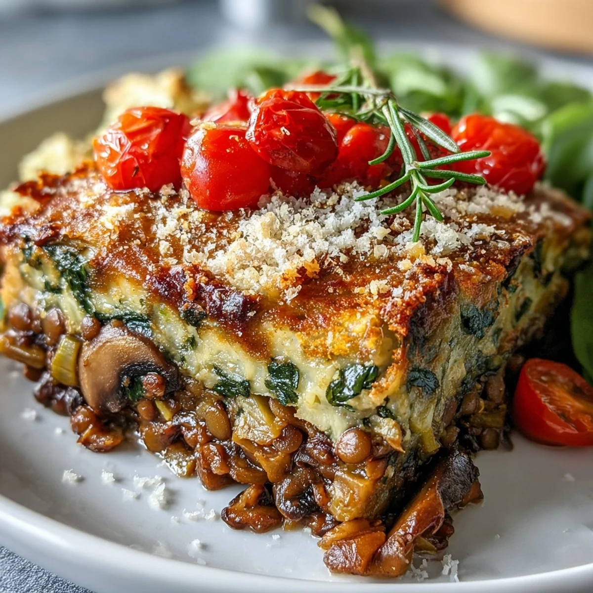 Golden-brown Green Lentil and Vegetable Casserole bubbling with cheese, carrots, and spinach in a white dish.