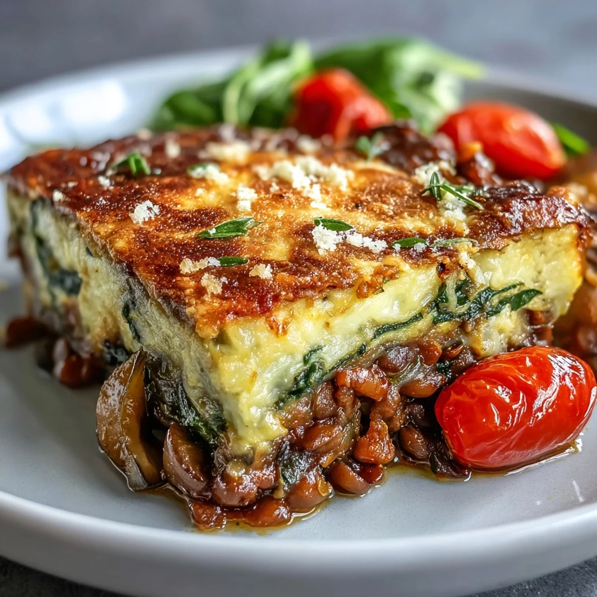 Freshly baked Green Lentil and Vegetable Casserole topped with crunchy golden breadcrumbs and vibrant red peppers.