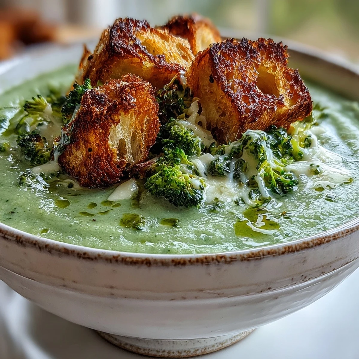 Creamy Cauliflower and Broccoli Soup served steaming hot in a rustic bowl, topped with golden croutons and fresh parsley for crunch.