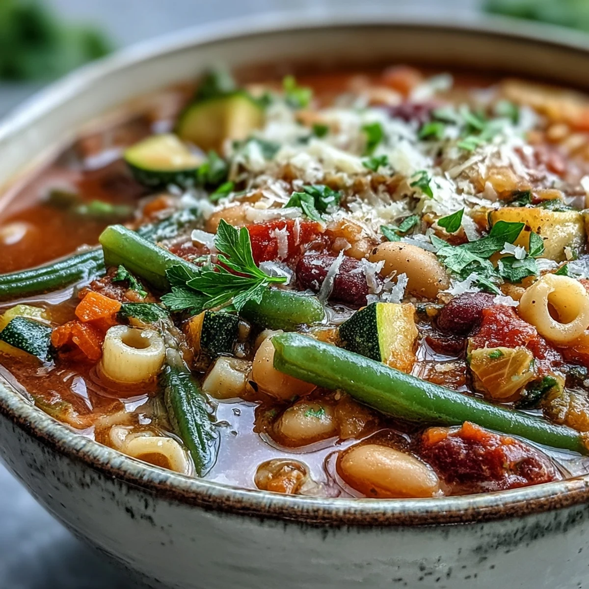 Steaming bowls of Minestrone Vegetable Soup garnished with parsley and Parmesan, paired with crusty artisan bread for dipping.