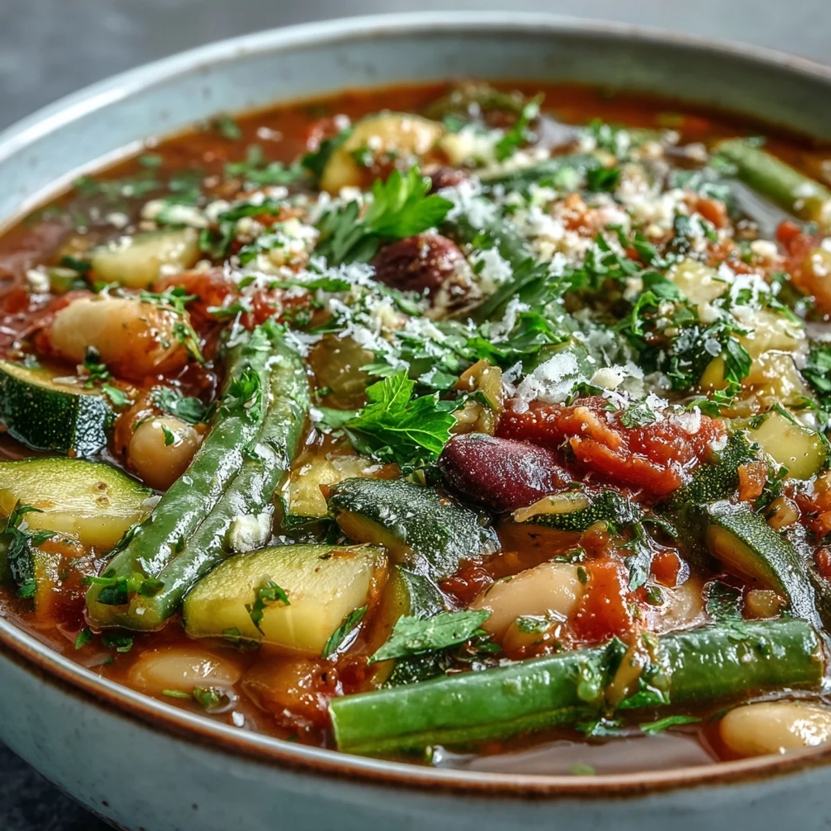 A rustic pot of Minestrone Vegetable Soup brimming with colorful carrots, zucchini, celery, and white beans.
