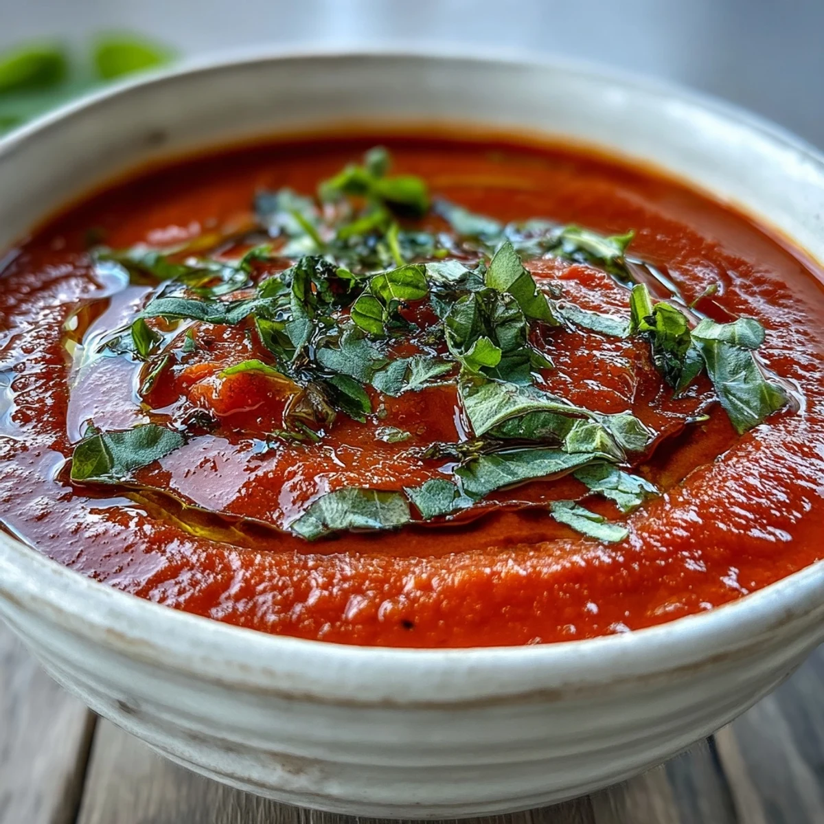 Creamy Tomato and Basil Soup in a white bowl, garnished with fresh basil and a drizzle of extra virgin olive oil.